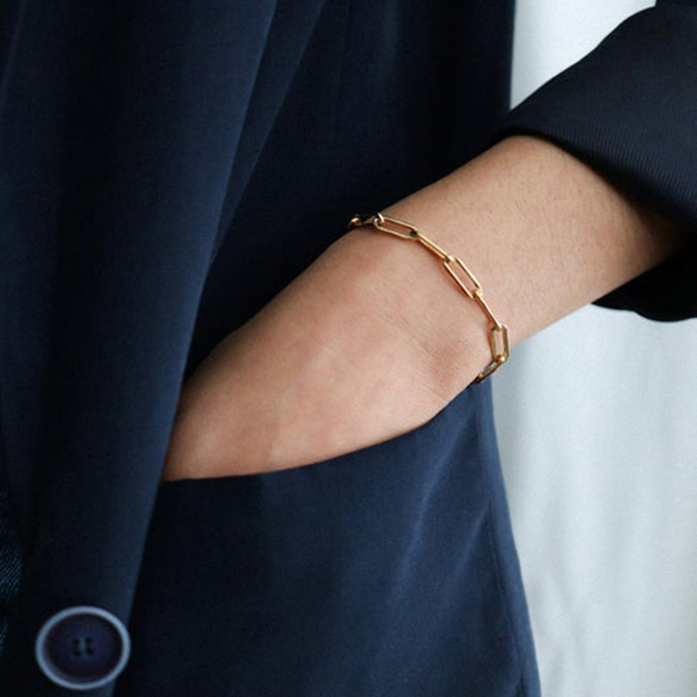 Elegancka bransoletka łańcuszkowa ze stali nierdzewnej dla kobiet - złoty prostokątowy link, moda party, celebrytka - Wianko - 3