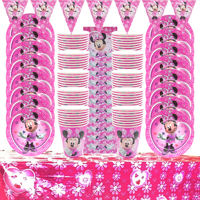 Zestaw imprezowy 59 sztuk z dekoracją Myszką Minnie dla dziewczynek: kubki, talerzyki, serwetki, banery - Wianko - 1