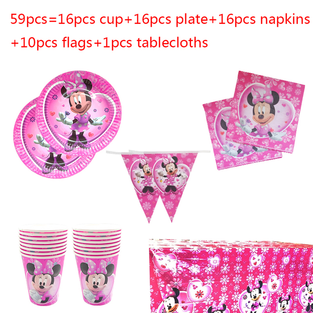 Zestaw imprezowy 59 sztuk z dekoracją Myszką Minnie dla dziewczynek: kubki, talerzyki, serwetki, banery - Wianko - 2