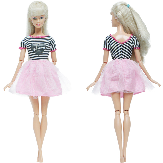 BJDBUS Zestaw Koszulka w Paski + Koronkowa Spódniczka dla Barbie - Różowa, Mini Suknia, Akcesoria dla Lalek - Wianko - 3