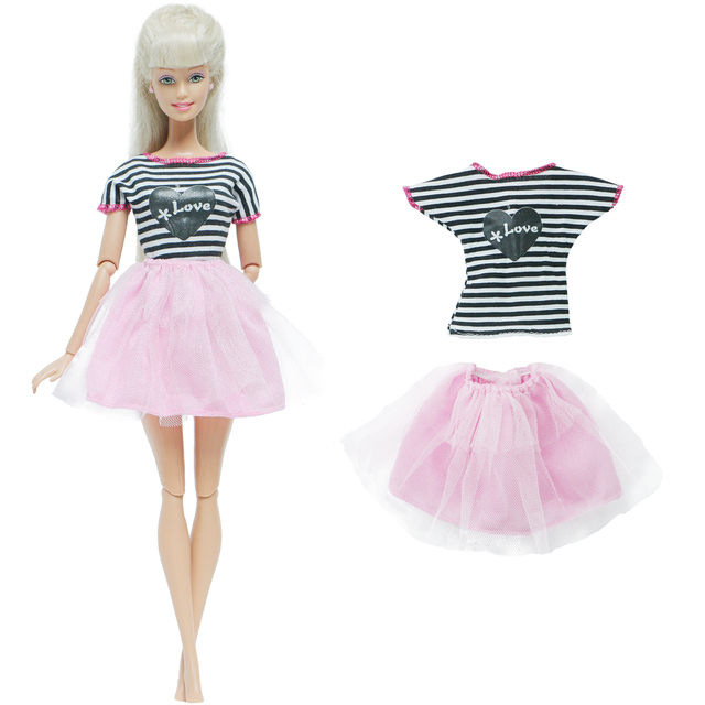 BJDBUS Zestaw Koszulka w Paski + Koronkowa Spódniczka dla Barbie - Różowa, Mini Suknia, Akcesoria dla Lalek - Wianko - 1