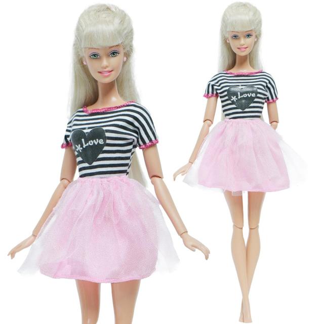 BJDBUS Zestaw Koszulka w Paski + Koronkowa Spódniczka dla Barbie - Różowa, Mini Suknia, Akcesoria dla Lalek - Wianko - 2