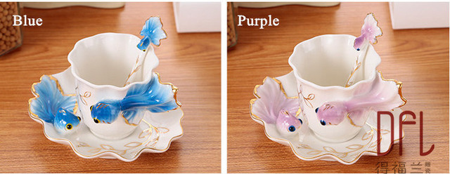 Kubki do kawy i herbaty Goldfish z łyżeczkami i spodkami - kreatywna porcelana - Wianko - 3