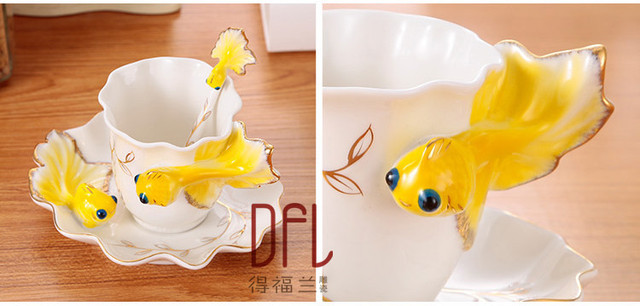 Kubki do kawy i herbaty Goldfish z łyżeczkami i spodkami - kreatywna porcelana - Wianko - 8