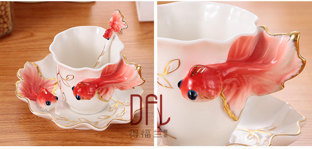 Kubki do kawy i herbaty Goldfish z łyżeczkami i spodkami - kreatywna porcelana - Wianko - 6