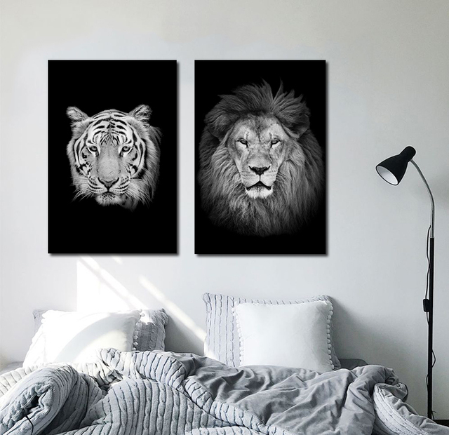 Plakat artystyczny na płótnie z nadrukiem czarno-białych zwierząt: lew, słoń, zebra - do salonu, pokoju dziecięcego, wystrój zdjęcia - Wianko - 10