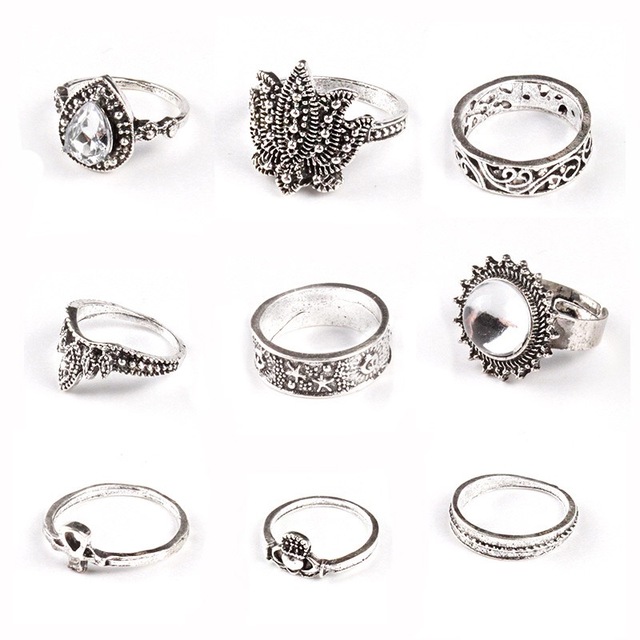 Retro srebrny pierścionek z czeskiej biżuterii - korona geometryczny diamentowy liść dla kobiet, ułożony na palcu - Wianko - 2