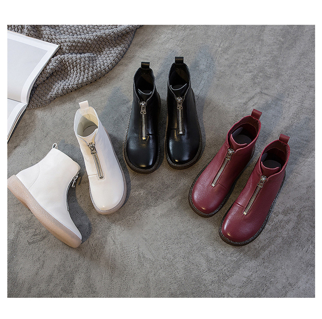Buty zimowe damskie z naturalnej skóry, kostka, ciepłe, bawełniane, na zamek, zachodnie obuwie - Wianko - 3