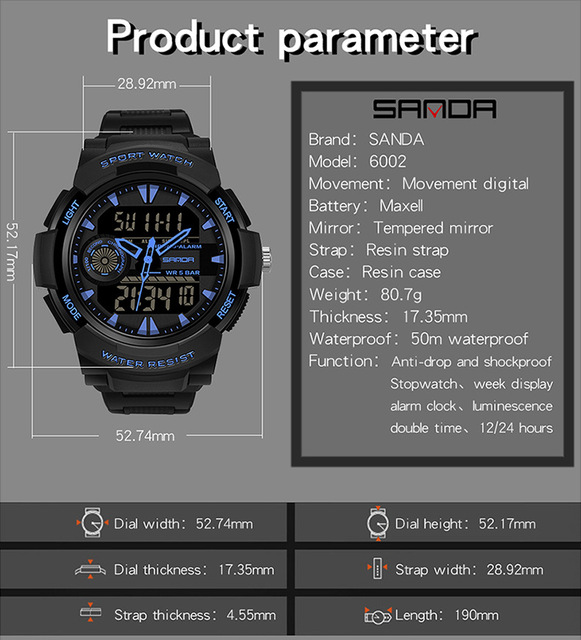 Męski sportowy zegarek G z podwójnym czasem, wodoodporny, wstrząsoodporny, LED, kwarcowy - Relógio Masculino - Wianko - 5