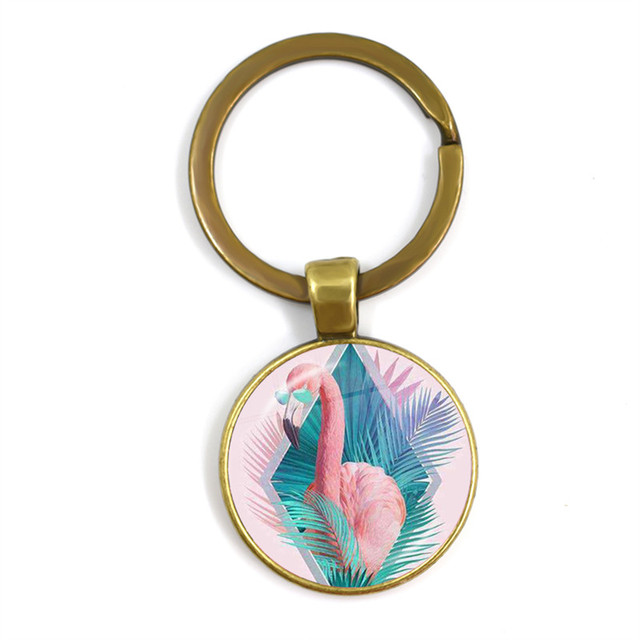 Modny breloczek na klucze z malowidłem flamingo, cabochonem i srebrnym uchwytem - Wianko - 14