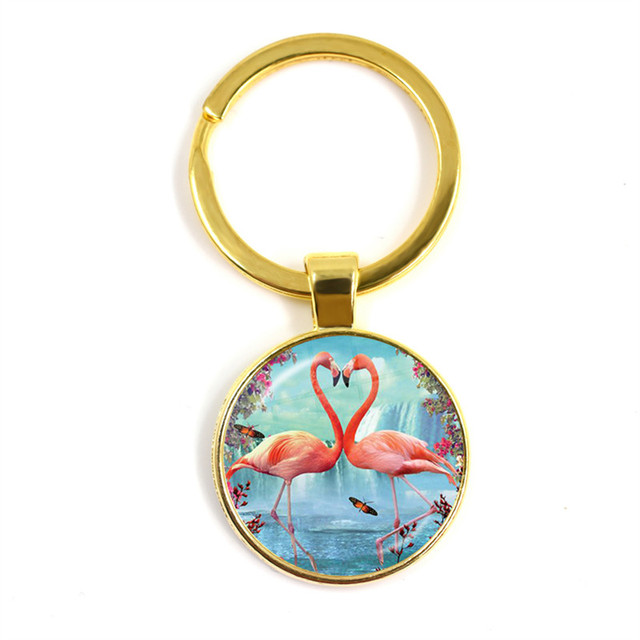 Modny breloczek na klucze z malowidłem flamingo, cabochonem i srebrnym uchwytem - Wianko - 3