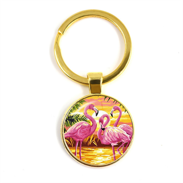 Modny breloczek na klucze z malowidłem flamingo, cabochonem i srebrnym uchwytem - Wianko - 9