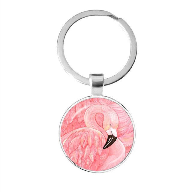 Modny breloczek na klucze z malowidłem flamingo, cabochonem i srebrnym uchwytem - Wianko - 4