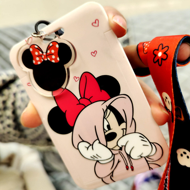 Portmonetka skórzana na kartę autobusową z wiszącą kartką na szyję z motywem Minnie i Mickey z kreskówki Disneya - Wianko - 1