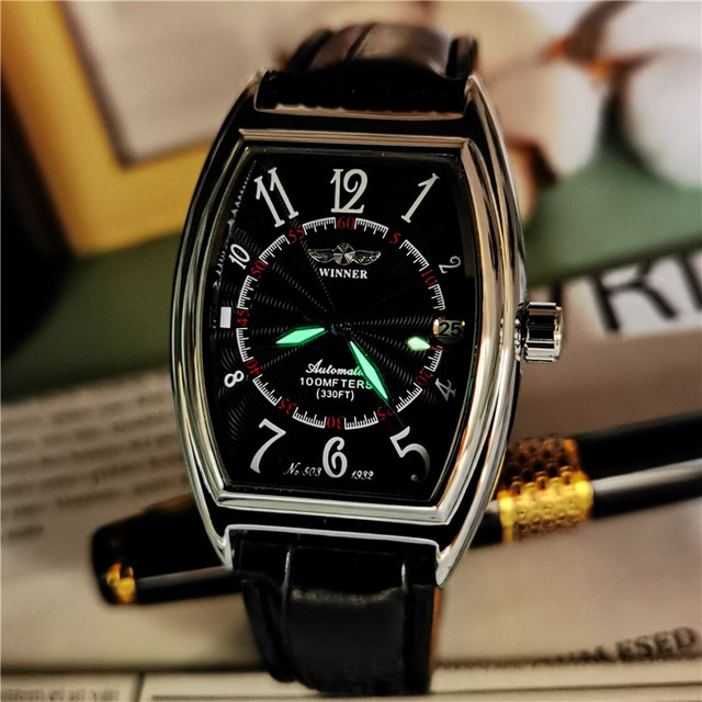 Zegarek mechaniczny Tonneau Case z kalendarzem, cyframi arabskimi i markowym paskiem - Wianko - 6