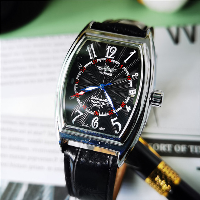 Zegarek mechaniczny Tonneau Case z kalendarzem, cyframi arabskimi i markowym paskiem - Wianko - 4