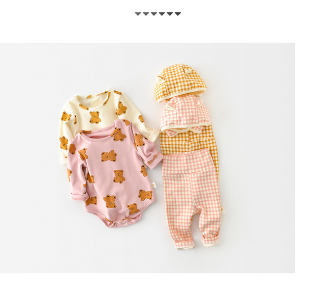 Zestaw ubranek dla niemowląt - odzież domowa wiosna 2022: płaszcz + spodnie + kapelusz dziewczynka/niedźwiedź, Plaid Baby Boy, 3 cz - Wianko - 2