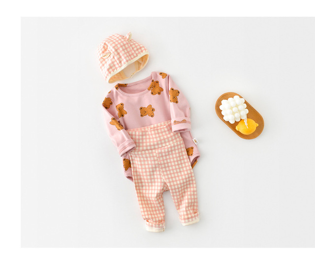 Zestaw ubranek dla niemowląt - odzież domowa wiosna 2022: płaszcz + spodnie + kapelusz dziewczynka/niedźwiedź, Plaid Baby Boy, 3 cz - Wianko - 5