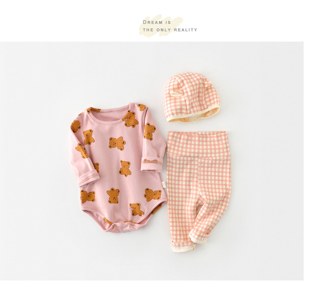 Zestaw ubranek dla niemowląt - odzież domowa wiosna 2022: płaszcz + spodnie + kapelusz dziewczynka/niedźwiedź, Plaid Baby Boy, 3 cz - Wianko - 6