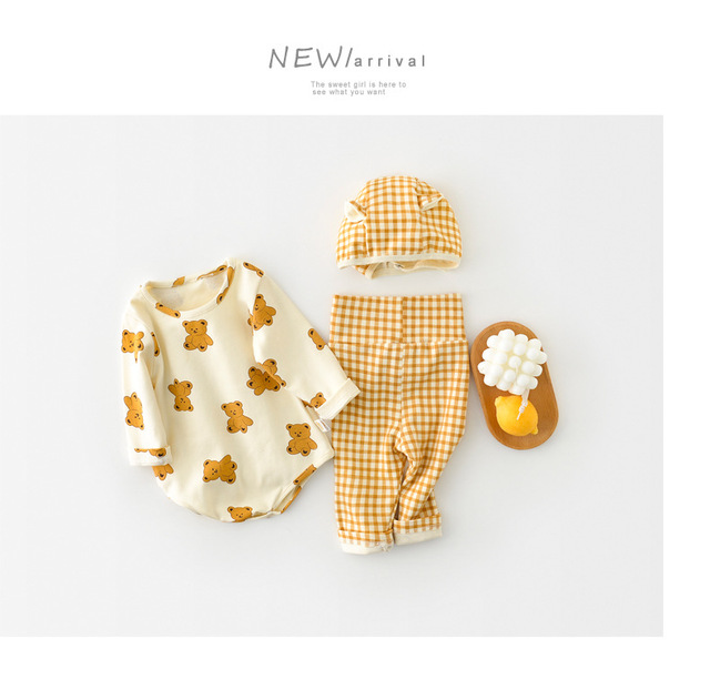 Zestaw ubranek dla niemowląt - odzież domowa wiosna 2022: płaszcz + spodnie + kapelusz dziewczynka/niedźwiedź, Plaid Baby Boy, 3 cz - Wianko - 4