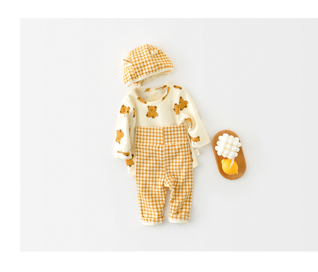 Zestaw ubranek dla niemowląt - odzież domowa wiosna 2022: płaszcz + spodnie + kapelusz dziewczynka/niedźwiedź, Plaid Baby Boy, 3 cz - Wianko - 3