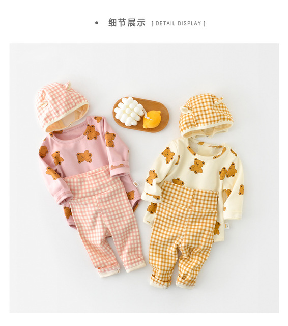 Zestaw ubranek dla niemowląt - odzież domowa wiosna 2022: płaszcz + spodnie + kapelusz dziewczynka/niedźwiedź, Plaid Baby Boy, 3 cz - Wianko - 1