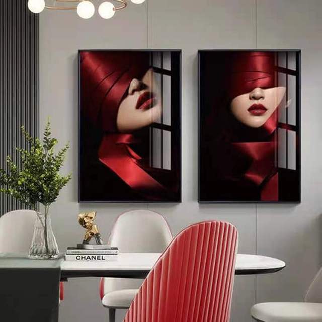 Lekki i luksusowy obraz ozdobny do salonu, sypialni, jadalni - czerwona wstążka, czerwone usta - Wianko - 4