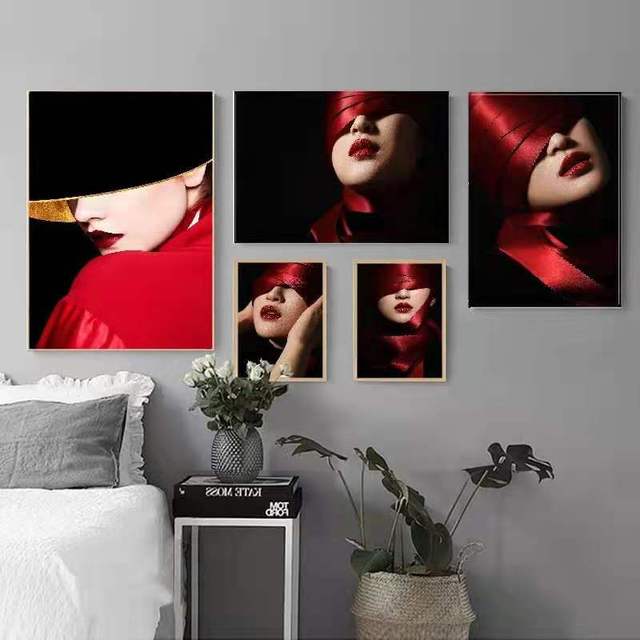 Lekki i luksusowy obraz ozdobny do salonu, sypialni, jadalni - czerwona wstążka, czerwone usta - Wianko - 2