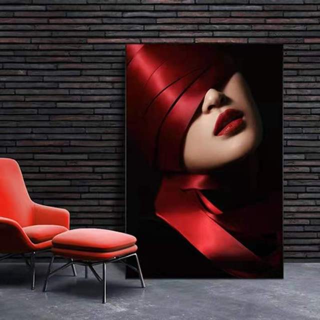 Lekki i luksusowy obraz ozdobny do salonu, sypialni, jadalni - czerwona wstążka, czerwone usta - Wianko - 5