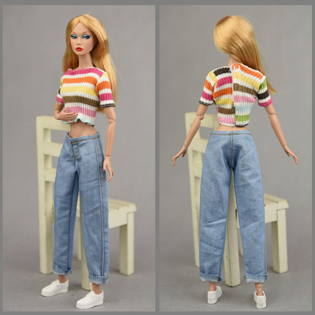 Zestaw ubrań dla lalek Barbie i lalkek BJD 1/6 – koszula, krótkie bluzki i spodnie jeansowe - Wianko - 1