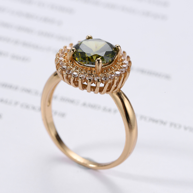 Pierścień obrączkowy damski z zieloną oliwką i cyrkoniami – delikatna modna biżuteria na wesele, walentynki oraz prezent urodzinowy - Wianko - 6