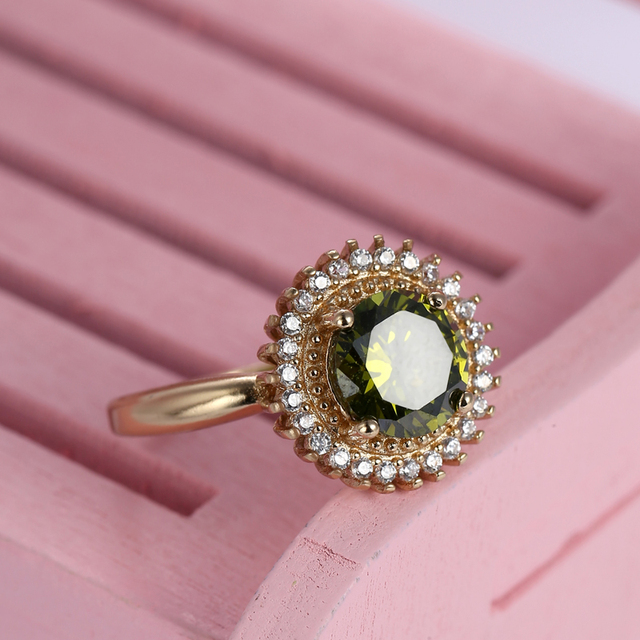 Pierścień obrączkowy damski z zieloną oliwką i cyrkoniami – delikatna modna biżuteria na wesele, walentynki oraz prezent urodzinowy - Wianko - 9