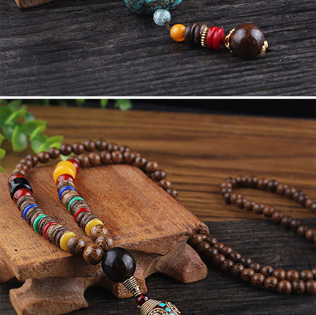 Naszyjnik z wisiorkiem budda Bodhi - Etniczne drewniane koraliki, ręcznie wykonany z elementami z Nepal + biżuteria dla kobiet i mężczyzn - Wianko - 10