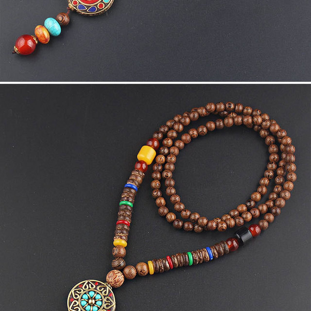 Naszyjnik z wisiorkiem budda Bodhi - Etniczne drewniane koraliki, ręcznie wykonany z elementami z Nepal + biżuteria dla kobiet i mężczyzn - Wianko - 6