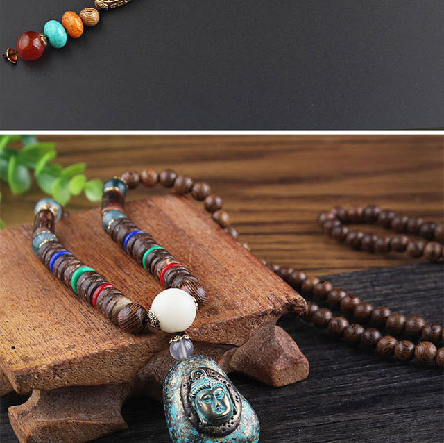 Naszyjnik z wisiorkiem budda Bodhi - Etniczne drewniane koraliki, ręcznie wykonany z elementami z Nepal + biżuteria dla kobiet i mężczyzn - Wianko - 9