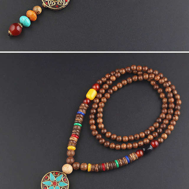 Naszyjnik z wisiorkiem budda Bodhi - Etniczne drewniane koraliki, ręcznie wykonany z elementami z Nepal + biżuteria dla kobiet i mężczyzn - Wianko - 7