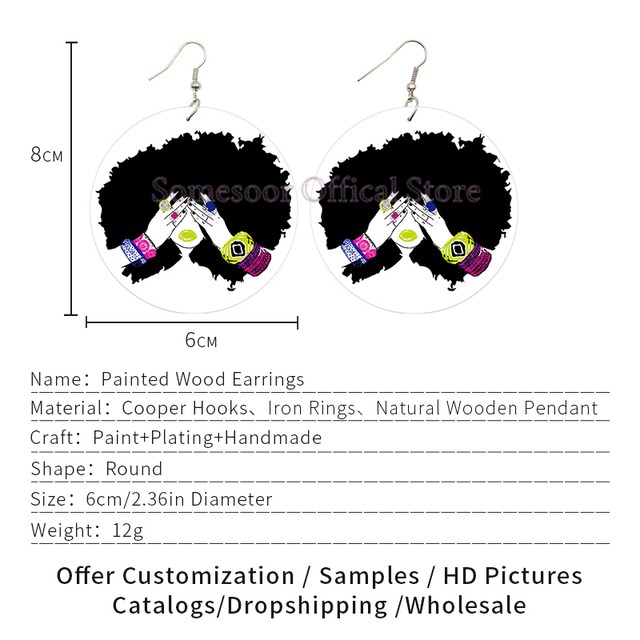 Duże, czarne kolczyki wiszące Afro Cruly Queen z obiema stronami, drukowane wzorem na drewnianej spadającej obwódce, dla kobiet o artystycznym stylu - Wianko - 2