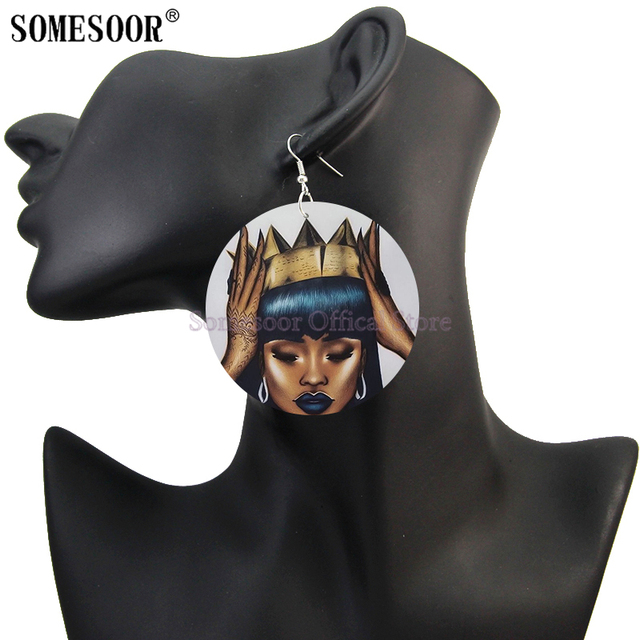 Duże, czarne kolczyki wiszące Afro Cruly Queen z obiema stronami, drukowane wzorem na drewnianej spadającej obwódce, dla kobiet o artystycznym stylu - Wianko - 12