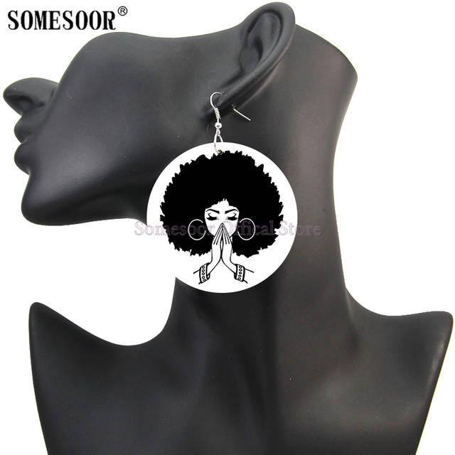 Duże, czarne kolczyki wiszące Afro Cruly Queen z obiema stronami, drukowane wzorem na drewnianej spadającej obwódce, dla kobiet o artystycznym stylu - Wianko - 18