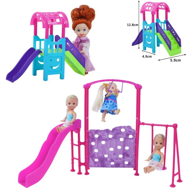 Zestaw Mini lalka plac zabaw z huśtawką, slajdami i domkiem do zabawy dla Barbie lalka Kelly 4'' - meble, DIY zabawki dla dzieci - Wianko - 1