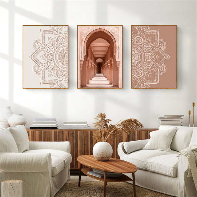 Malarstwo Meczet Maroko - plakat na płótnie z różowym kwiatem, inspirowane islamskim malarstwem - idealne do salonu - Wianko - 4