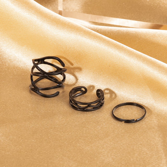 Koreanskie matowe geometryczne pierścienie punkowe w kolorze czarnym - 3 sztuki, regulowane rozmiary, modny dodatek dla mężczyzn i kobiet, idealny na imprezy - Wianko - 4
