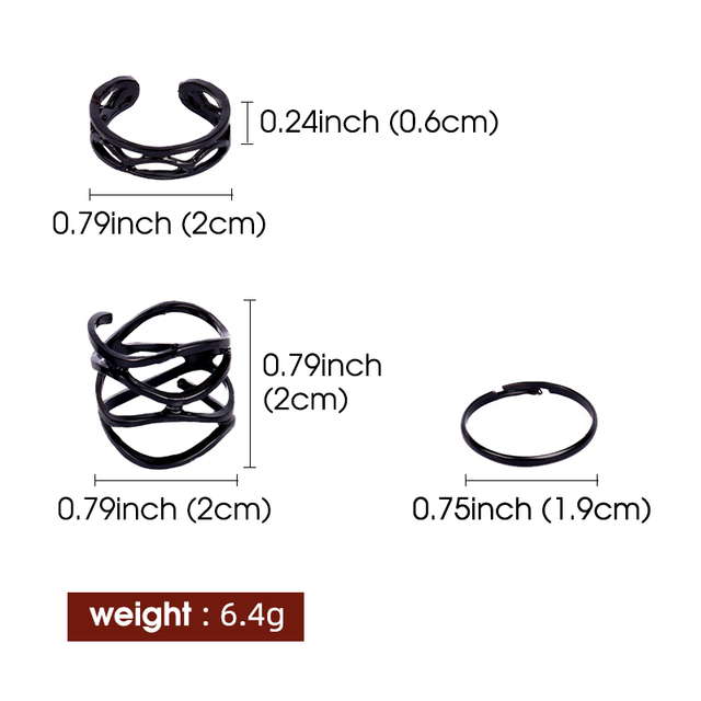 Koreanskie matowe geometryczne pierścienie punkowe w kolorze czarnym - 3 sztuki, regulowane rozmiary, modny dodatek dla mężczyzn i kobiet, idealny na imprezy - Wianko - 1