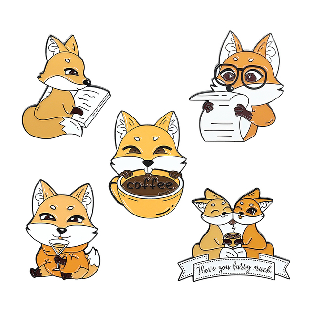 Broszka podkładka pod szklankę Cartoon Coffee Fox emalia z motywem zwierząt - Wianko - 2