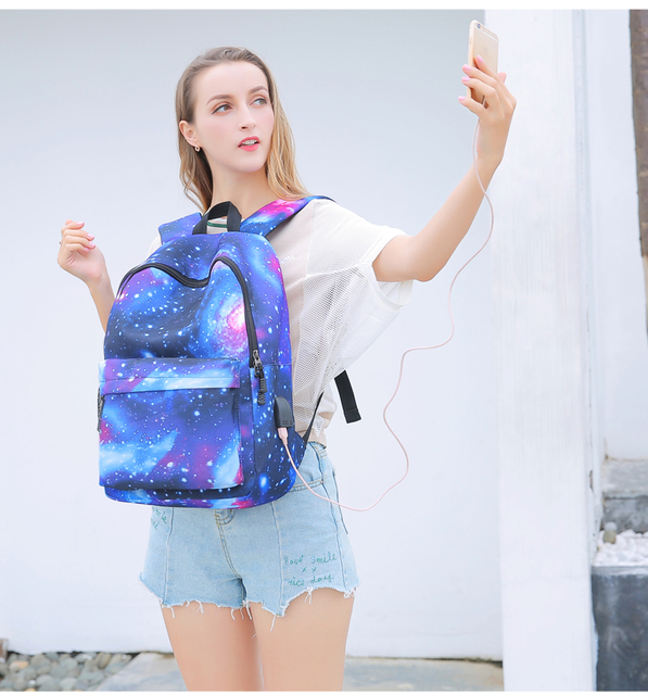 Plecak uniwersytecki z portem ładowania USB, inspirowany dziewczyną na tle gwiaździstego nieba - Wianko - 3