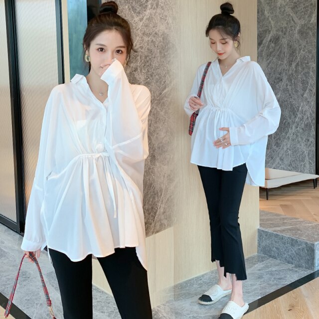 Bluzka ciążowa jesień z Korei - biała bawełna, luźny krój, dopasowana talia - Wianko - 18
